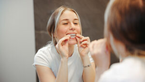 Woman Taking off Her Clear Retainer in the Bathroom Mirror
